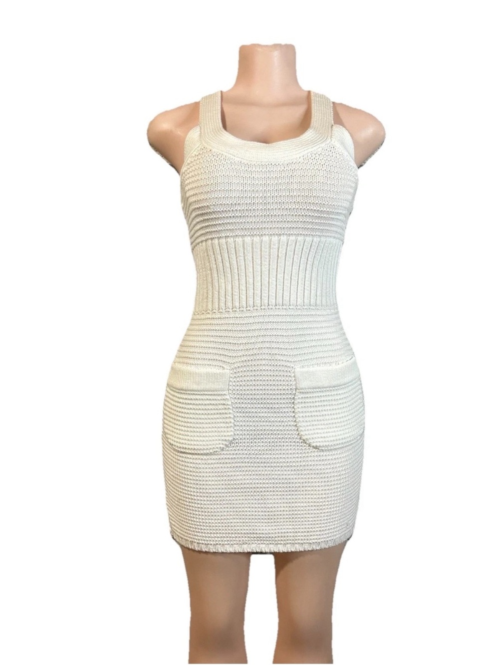 Club Monaco White Knit Mini Dress XS Pocket Bodycon Coastal Grandma Cottagecore